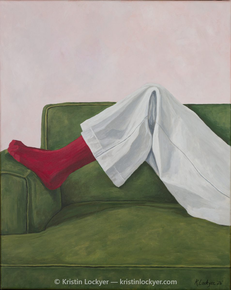 In Red – 'At Ease' fine art print by Kristin Lockyer, a red sock resting on a green armchair